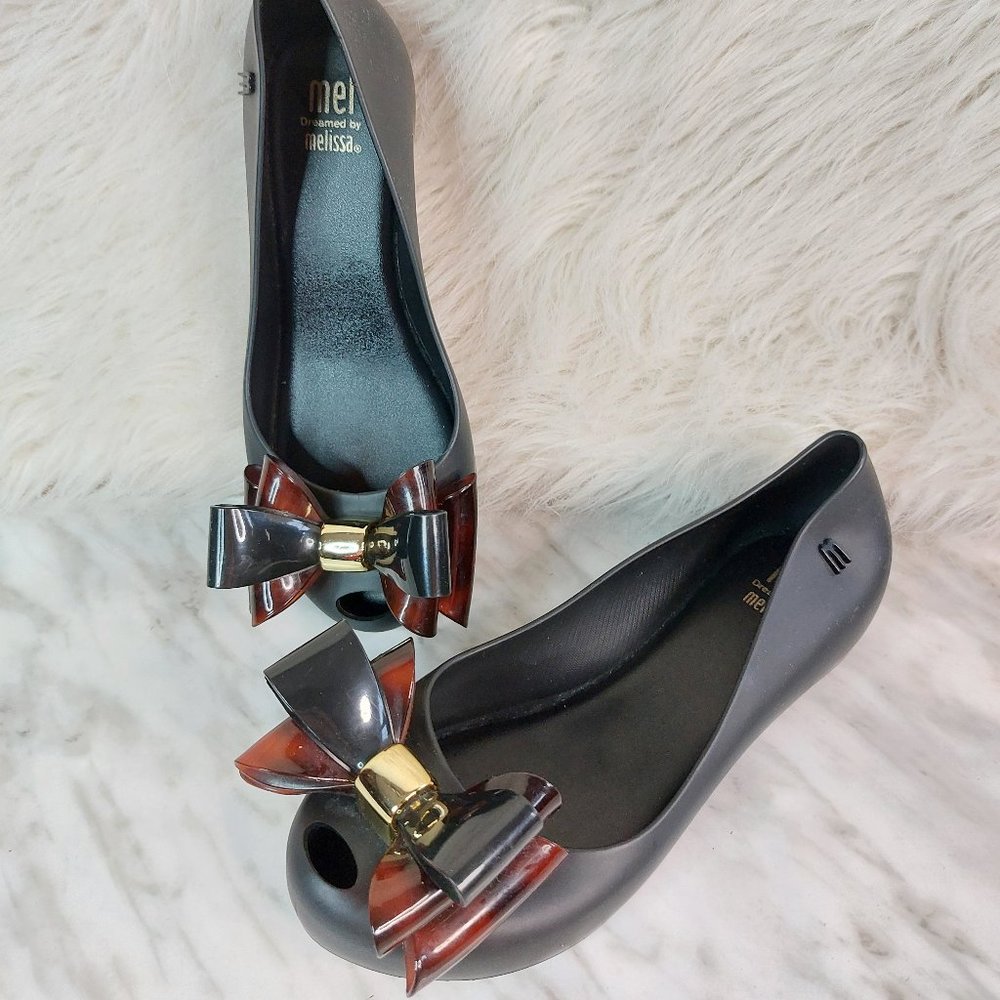 Melisa Girl's Black Bow Slip On Steamboat Jelly Flats Siz US 1